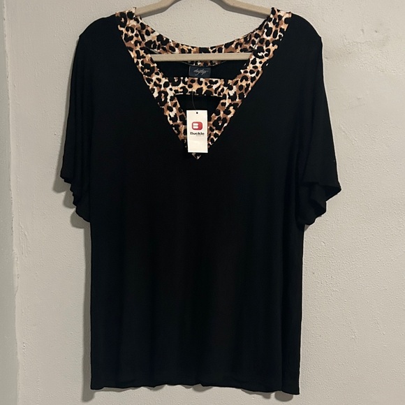 Daytrip Tops - Daytrip Black Blouse with Leopard Print Detail